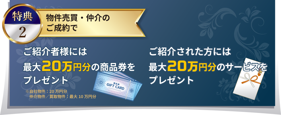 特典２：物件売買・仲介のご成約で、ご紹介者様には最大20万円分の商品券をプレゼント※自社物件：20万円分、仲介物件／買取物件：最大10万円分。ご紹介された方には最大20万円分のサービスをプレゼント